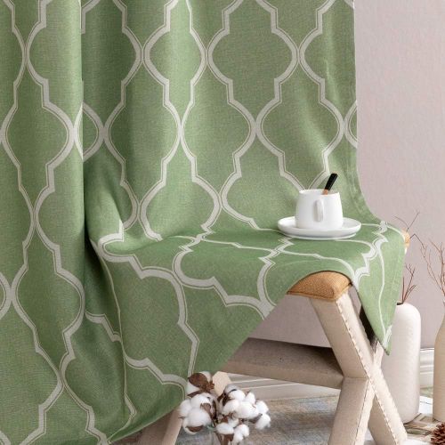  Jinchan Room Darkening Linen Textured Curtains for Bedroom Window Curtains, Quatrefoil Flax Linen Blend Textured Geometry Lattice Grommet Window Treatment Set for Living Room, 95L, Soft Gr