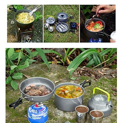 Jinmi 11pcs Camping Cookware Stove,Aluminum Pot Pans Folding Utensils 1-2 People Non Stick Pot Pan Cooking Set Camping Cooking Set Outdoor for Hiking BBQ Travel Picnic
