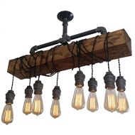 JiuZhuo Industrial Rustic Wood Beam Linear Island Pendant Light 8-Light Chandelier Lighting Hanging Ceiling Fixture