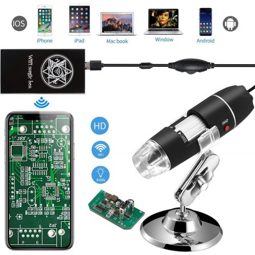  [아마존베스트]Jiusion WiFi USB Digital Handheld Microscope, 40 to 1000x Wireless Magnification Endoscope 8 LED Mini Camera with Phone Suction, Metal Stand and Case, Compatible with iPhone iPad M