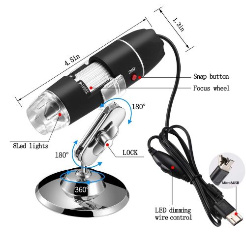  Jiusion 40 to 1000x Magnification Endoscope, 8 LED USB 2.0 Digital Microscope, Mini Camera with OTG Adapter and Metal Stand, Compatible with Mac Window 7 8 10 Android Linux