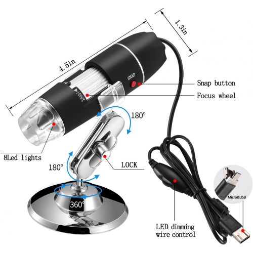  Jiusion Original 40-1000X USB Microscope with Portable Carrying Case, Digital Magnification Endoscope Camera 8 LEDs Metal Base for Micro USB USB-C Android, Windows Mac Linux Chrome