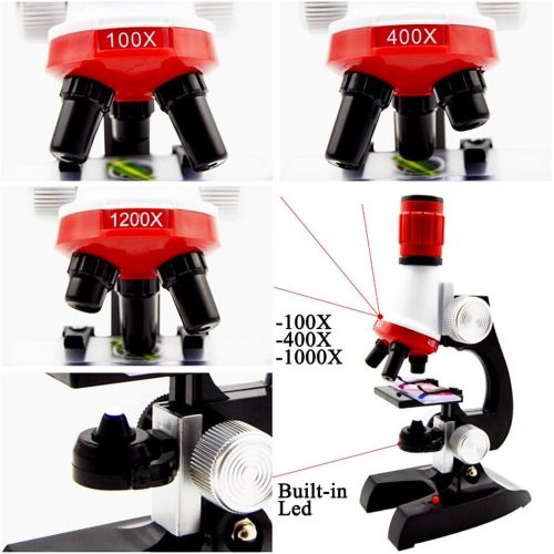  [아마존베스트]Jiusion Kid Microscope Science Kits, 100X 400X 1200X Trinocular Magnification Beginner Toy Home School Educational Biological Hand Held Camera Compound Scope with Slides for Kids C