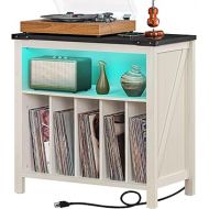 Large Record Player Stand with Charging Station & LED Lights, White Vinyl Record Storage Table Holds up to 230 Albums, Turntable Stand with Display Shelf for Music Room Bedroom Living Room