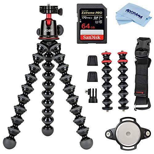  Joby GorillaPod 5K Kit + Rig Upgrade, Professional Tripod Stand with Ball Head for DSLR or Mirrorless Cameras with Lens (up to 11lbs/5kg) Black/Charcoal Bundle with 64GB SD Card, C