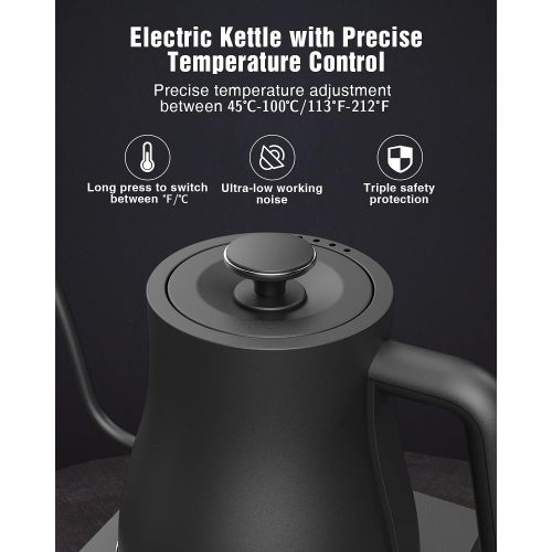  Gooseneck Electric Kettle Variable Temperature Control, Jocuu Pour Over Coffee Kettle Tea Kettle, 1200W Rapid Heating, Temperature Holding, 100% Stainless Steel Inner, 0.8L, BPA Fr