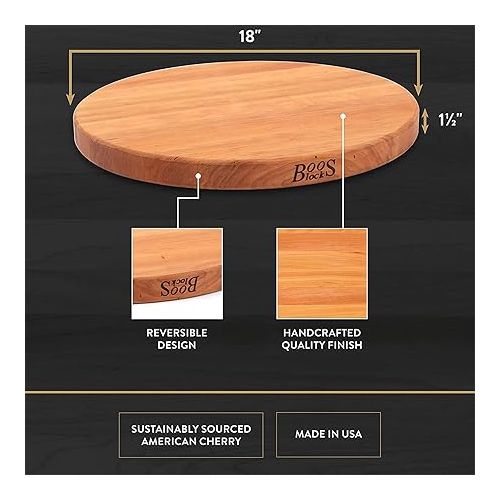  John Boos Large Cherry Wood Cutting Board for Kitchen Prep, Serving, and Charcuterie, 18” x 18” x 1.5” Thick Reversible End Grain Round Boos Block