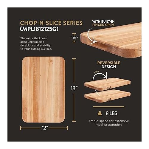  John Boos Boos Block Chop-N-Slice Series Reversible Wood Cutting Board with Integrated Finger Grips, 1.25-Inch Thickness, 18