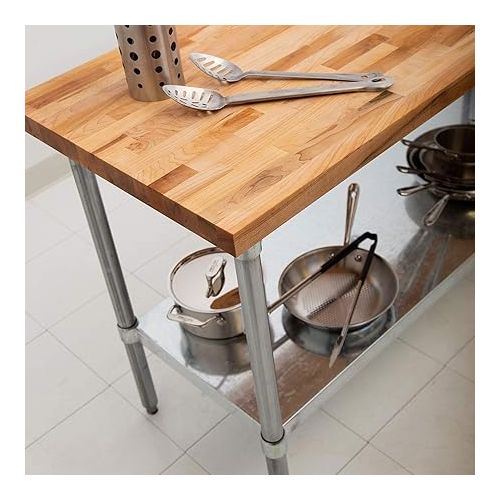  John Boos Maple Wood Counter Top Cutting Board Work Table Island with Adjustable Lower Shelf, 60 x 30 x 1.5 Inch, Galvanized Steel