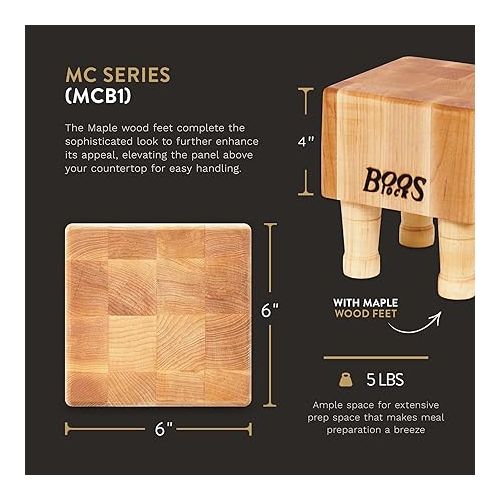  John Boos Medium Maple Wood Cutting Board for Kitchen 6 x 6 Inches, 4 Inches Thick Non-Reversible End Grain Charcuterie Boos Block with Feet