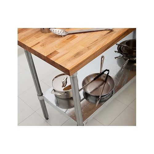  John Boos JNS08 Maple Top Work Table with Galvanized Steel Base and Adjustable Galvanized Lower Shelf, 36