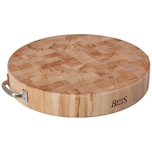  John Boos Maple Wood End Grain Round Cutting Board with Stainless Steel Handles, 18 Inches Round x 3 Inches Tall