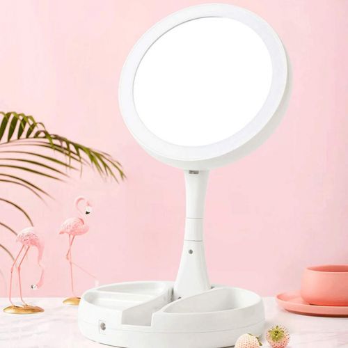  Jokeagliey Led High-Definition Smart Fill Light, 10X Amplification,Home Bedroom Round Makeup Mirror, Desktop with Light Folding Portable, Princess Vanity Mirror Net Red Mirror,Whit