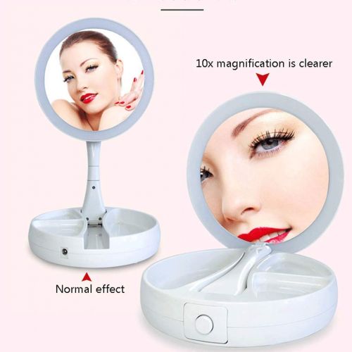  Jokeagliey Led High-Definition Smart Fill Light, 10X Amplification,Home Bedroom Round Makeup Mirror, Desktop with Light Folding Portable, Princess Vanity Mirror Net Red Mirror,Whit