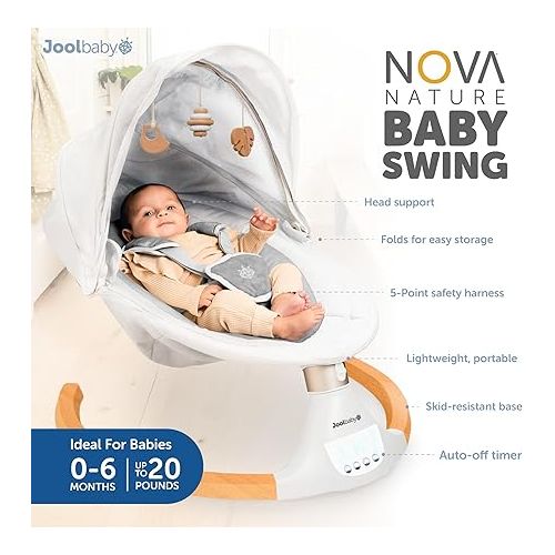  Nova Nature Baby Swing for Newborns - Natural Wood Toys, Electric Motorized Infant Swing, Bluetooth Music - Jool Baby