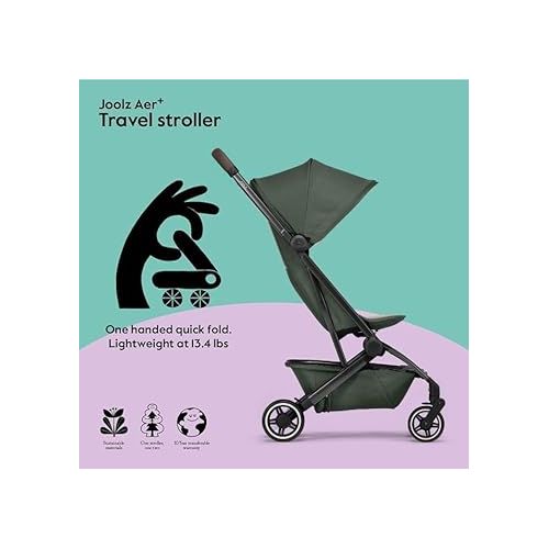  Joolz AER+ Lightweight & Compact Travel Stroller - Portable One-Hand Fold Design - Ergonomic Seat for Infant & Toddler (up to 50 lb) - XXL Sun Hood - Stroller for Airplane -Travel Pouch - Forest Green