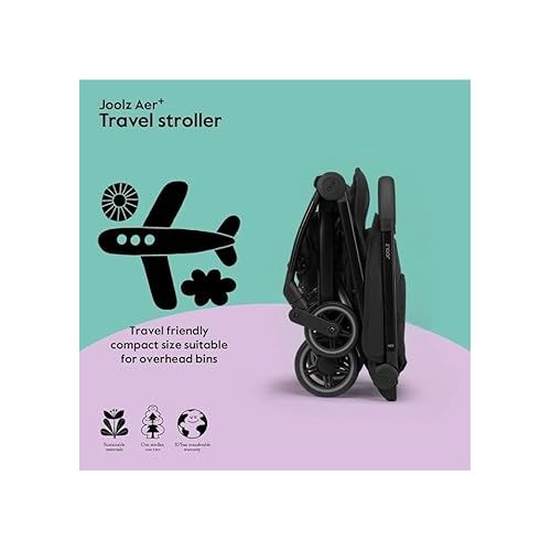  Joolz AER+ Lightweight & Compact Travel Stroller - Portable One-Hand Fold Design - Ergonomic Seat for Infant & Toddler (up to 50 lb) - XXL Sun Hood - Stroller for Airplane -Travel Pouch - Space Black