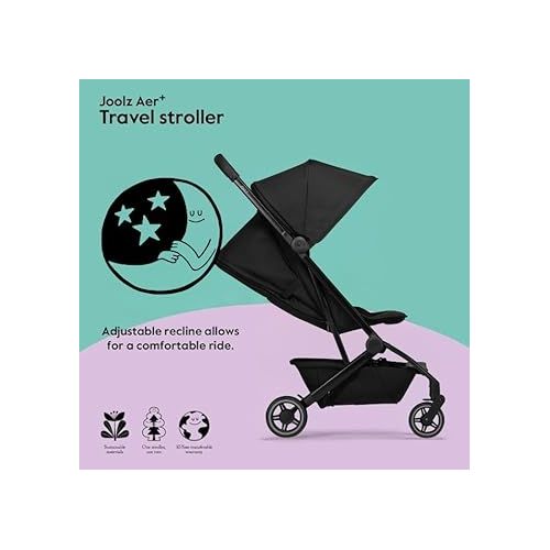  Joolz AER+ Lightweight & Compact Travel Stroller - Portable One-Hand Fold Design - Ergonomic Seat for Infant & Toddler (up to 50 lb) - XXL Sun Hood - Stroller for Airplane -Travel Pouch - Space Black