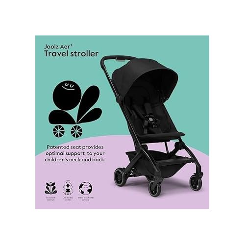  Joolz AER+ Lightweight & Compact Travel Stroller - Portable One-Hand Fold Design - Ergonomic Seat for Infant & Toddler (up to 50 lb) - XXL Sun Hood - Stroller for Airplane -Travel Pouch - Space Black