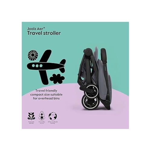  Joolz AER+ Lightweight & Compact Travel Stroller - Portable One-Hand Fold Design - Ergonomic Seat for Infant & Toddler (up to 50 lb) - XXL Sun Hood - Stroller for Airplane -Travel Pouch - Stone Grey