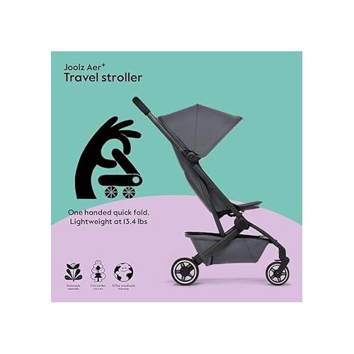  Joolz AER+ Lightweight & Compact Travel Stroller - Portable One-Hand Fold Design - Ergonomic Seat for Infant & Toddler (up to 50 lb) - XXL Sun Hood - Stroller for Airplane -Travel Pouch - Stone Grey