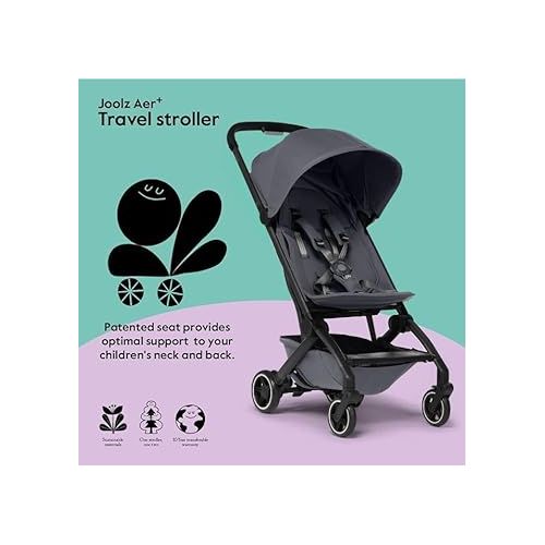  Joolz AER+ Lightweight & Compact Travel Stroller - Portable One-Hand Fold Design - Ergonomic Seat for Infant & Toddler (up to 50 lb) - XXL Sun Hood - Stroller for Airplane -Travel Pouch - Stone Grey