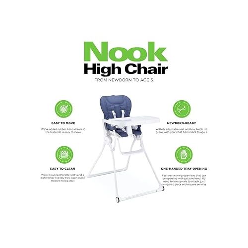  Joovy Nook NB High Chair Featuring Four-Position Adjustable Swing Open Tray, 3-Position Reclining Seat, and Front Wheels for Added Mobility - Folds Down Flat for Easy Storage, Slate