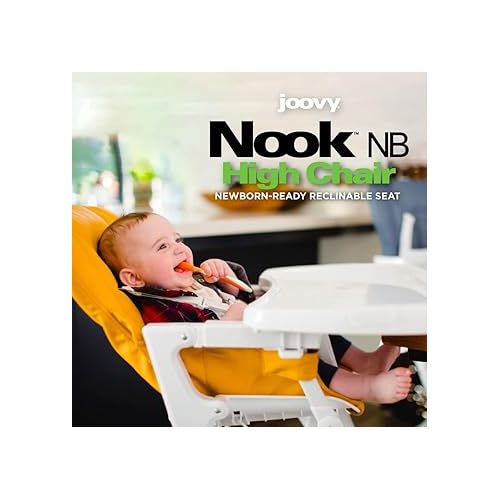  Joovy Nook NB High Chair Featuring Four-Position Adjustable Swing Open Tray, 3-Position Reclining Seat, and Front Wheels for Added Mobility - Folds Down Flat for Easy Storage, Slate