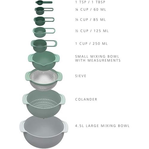 조셉조셉 Joseph Joseph Nest 9 Plus, 9 Piece Compact Food Preparation Set with Mixing Bowls, Measuring cups, Sieve and Colander, Editions Range, Sage Green