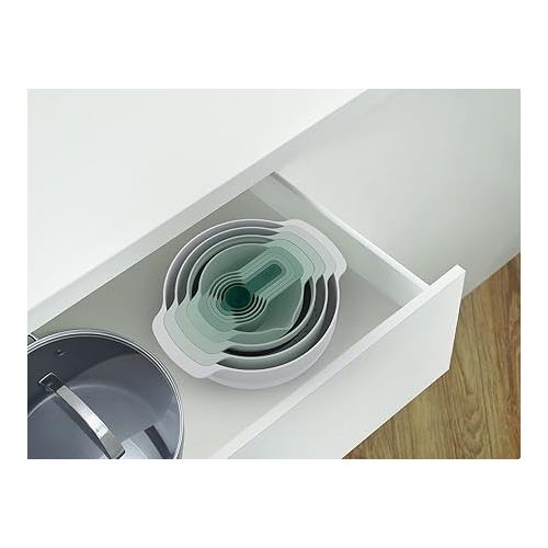 조셉조셉 Joseph Joseph Nest 9 Plus, 9 Piece Compact Food Preparation Set with Mixing Bowls, Measuring cups, Sieve and Colander, Editions Range, Sage Green