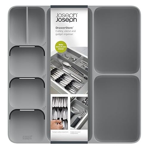 조셉조셉 Joseph Joseph DrawerStore Compact Utensil Organizer For Kitchen Drawer Silverware, Flatware Tray, Large, Grey