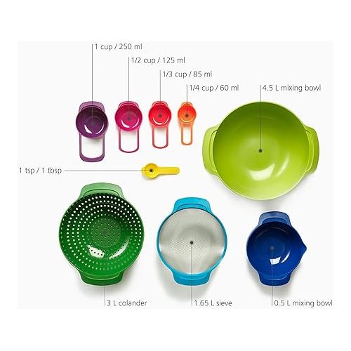 조셉조셉 Joseph Joseph Nest 9 Plus, 9 Piece Compact Food Preparation Set with Mixing Bowls, Measuring cups, Sieve and Colander, MultiColor