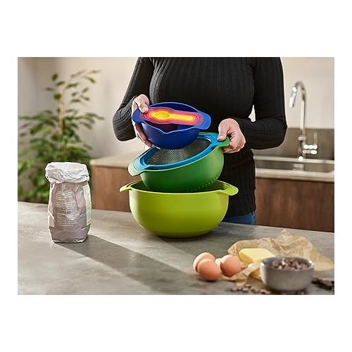 조셉조셉 Joseph Joseph Nest 9 Plus, 9 Piece Compact Food Preparation Set with Mixing Bowls, Measuring cups, Sieve and Colander, MultiColor