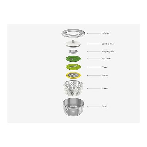 조셉조셉 Joseph Joseph Multi-Prep 4-Piece Salad Making Set, Multi-Color, Salad Spinner, Spiral Cutter, Slicer and Grater, Compact Storage