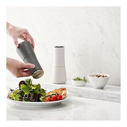 조셉조셉 Joseph Joseph Milltop Salt and Pepper Grinder Set with Adjustable Grind Size Coarseness, Dark Gray/White, 2-piece