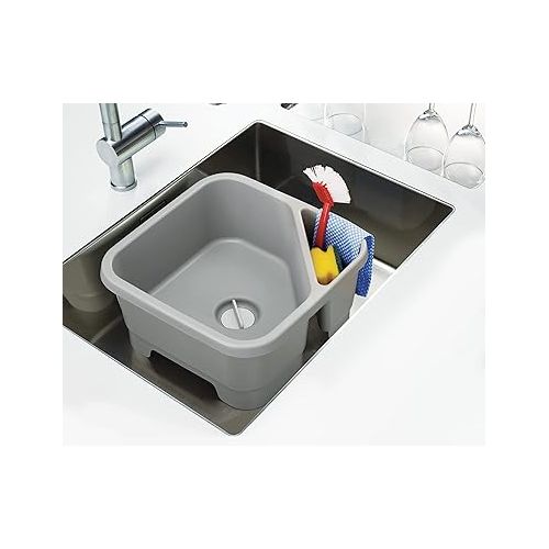 조셉조셉 Joseph Joseph Duo Square Wash Dish Basin for Kitchen and RV Basin with Cutlery, Sponges and Brushes Compartment, Grey