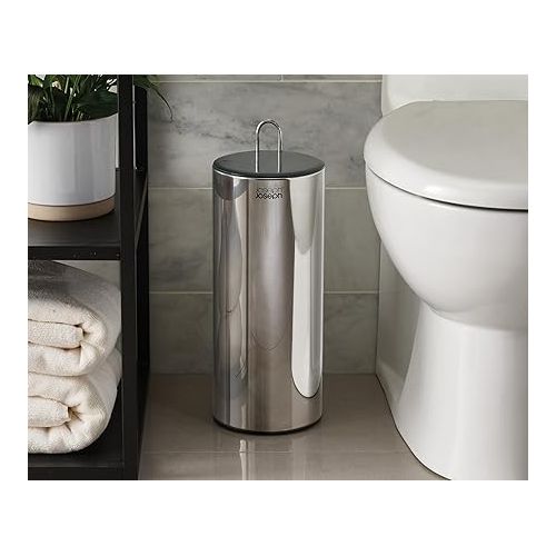 조셉조셉 Joseph Joseph EasyStore Luxe Stainless Steel Concealed Toilet Paper Holder Stand Storage with Lid, Hods up to 3 Rolls