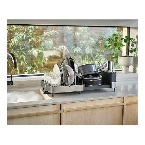 조셉조셉 Joseph Joseph Extend Max Steel Expanding Dish Drying Rack, with high Capacity Large for Items, Cutlery and Knife Holder, Swivel Draining Spout, Stainless Steel