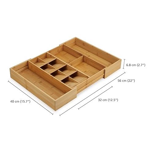 조셉조셉 Joseph Joseph DrawerStore Expanding Cutlery, Utensil & Gadgets Organiser, Expandable in Drawer Space Saving Tray, Bamboo