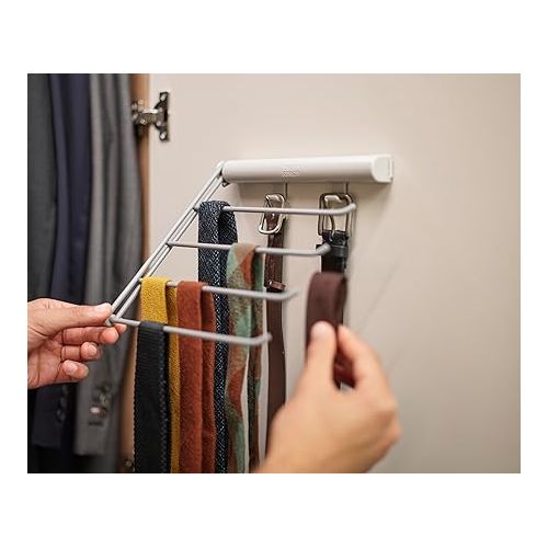 조셉조셉 Joseph Joseph Orderly Belt, Tie & Scarf Hanging Rail, Wardrobe Accessory Organiser, 4 Rails Rack Storage, 2 Belt Hooks