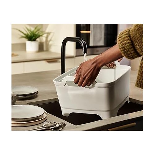 조셉조셉 Joseph Joseph Wash & Drain Kitchen Dish Tub Wash Basin with Handles and Draining Plug, 9 liters, Stone/Sage Green