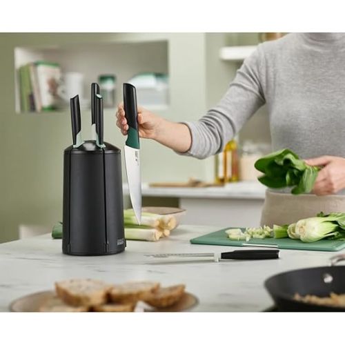 조셉조셉 Joseph Joseph Elevate Knives 5-piece Carousel Set, Japanese Stainless Steel Knife Block - Editions - Sage Green and Black