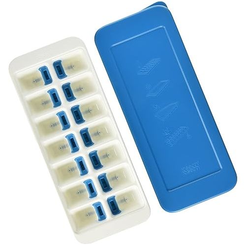 조셉조셉 Joseph Joseph QuickSnap Ice Cube Tray with Cover Lid Easy-Release No-Spill Stackable Odor-Free Dishwasher Safe, Blue 13 x 5