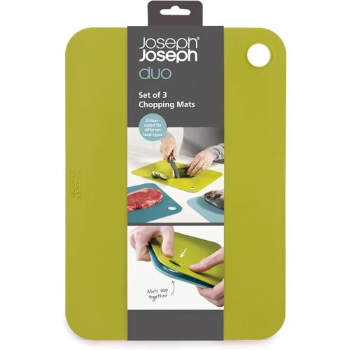 조셉조셉 Joseph Joseph Duo Set of 3 Double-Sided Colour Coded Chopping Board Mat Set, Flexible, Easy to Store, Dishwasher-Safe - Opal