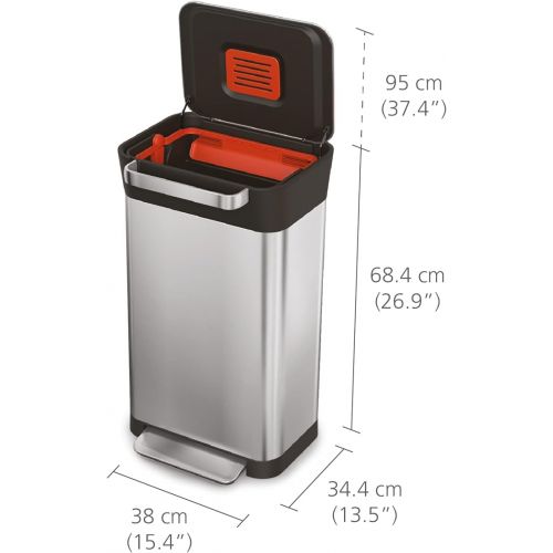조셉조셉 Joseph Joseph Intelligent Waste Titan Trash Can Compactor with Odor Filter, Holds Up to 90L After Compaction, Stainless Steel, 30L
