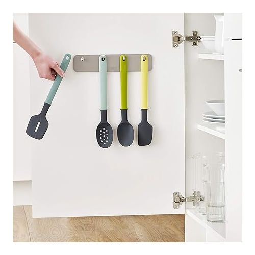 조셉조셉 Joseph Joseph DoorStore Elevate Silicone Kitchen Utensil Set with Hanging Rack 3M Adhesive Wall and Cabinet Door Mount, 4-piece, Opal