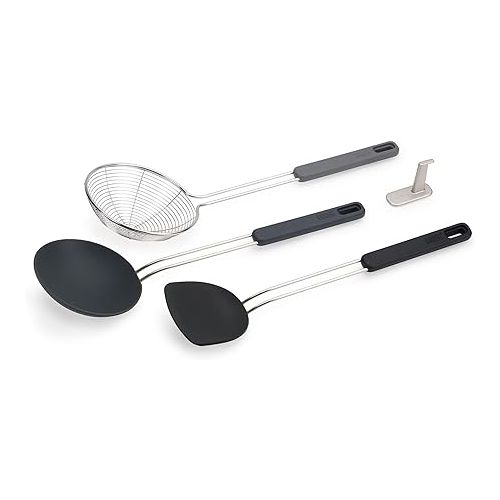 조셉조셉 Joseph Joseph Nest Fusion Compact Wok Silicone Turner, Silicone Spoon and Wire Skimmer Set, One Size, Black, 3-Piece