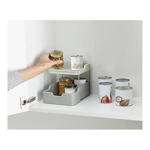 조셉조셉 Joseph Joseph Duo 2-tier Cupboard Organiser with Drawer, Kitchen and Storage Organiser for Spices, Packets and Cans, Grey