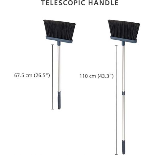 조셉조셉 Joseph Joseph CleanStore Wall-Mounted Adjustable Long Handle Broom Sweeper with Dust-Shield Storage, Indoor Sweeping Floor Brush with Soft Bristles and Comb