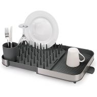 Joseph Joseph Expanding Dish Drying Rack with Removable Silverware Holder, Draining Spout, Stainless-steel